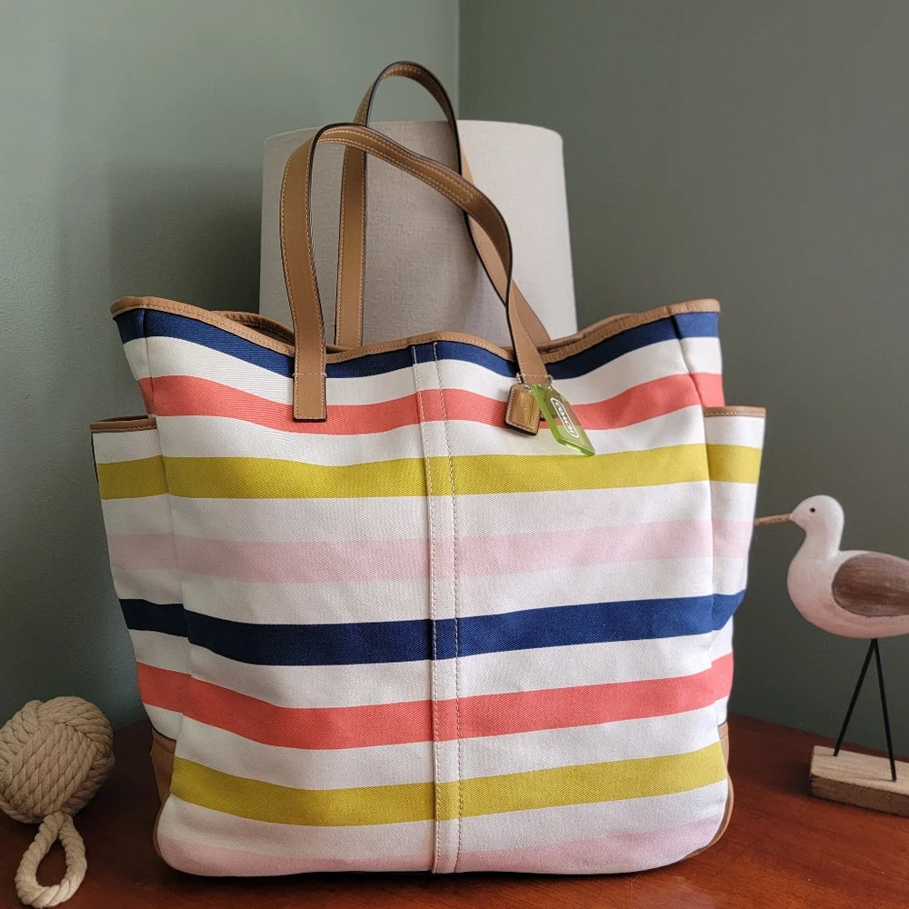 Coach F28523 Hadley Multicolor Stripe Canvas Beach Tote Bag w/ Pouch Y2K